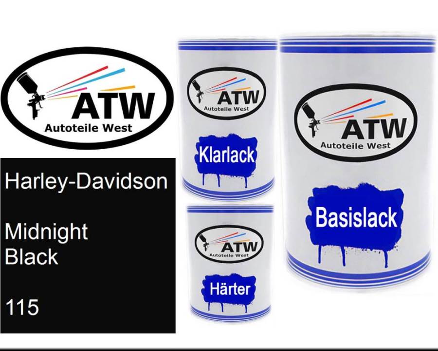 Harley-Davidson, Midnight Black, 115: 500ml Lackdose + 500ml Klarlack + 250ml Härter - Set, von ATW Autoteile West.